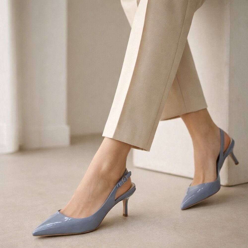 Zara Blue Patent Slingback Kitten Heels Pointed Toe 38